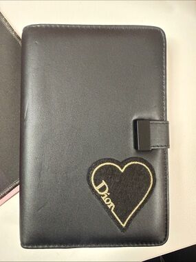 Dior Black Leather Heart Patch Notebook Cover with Gold Stitching